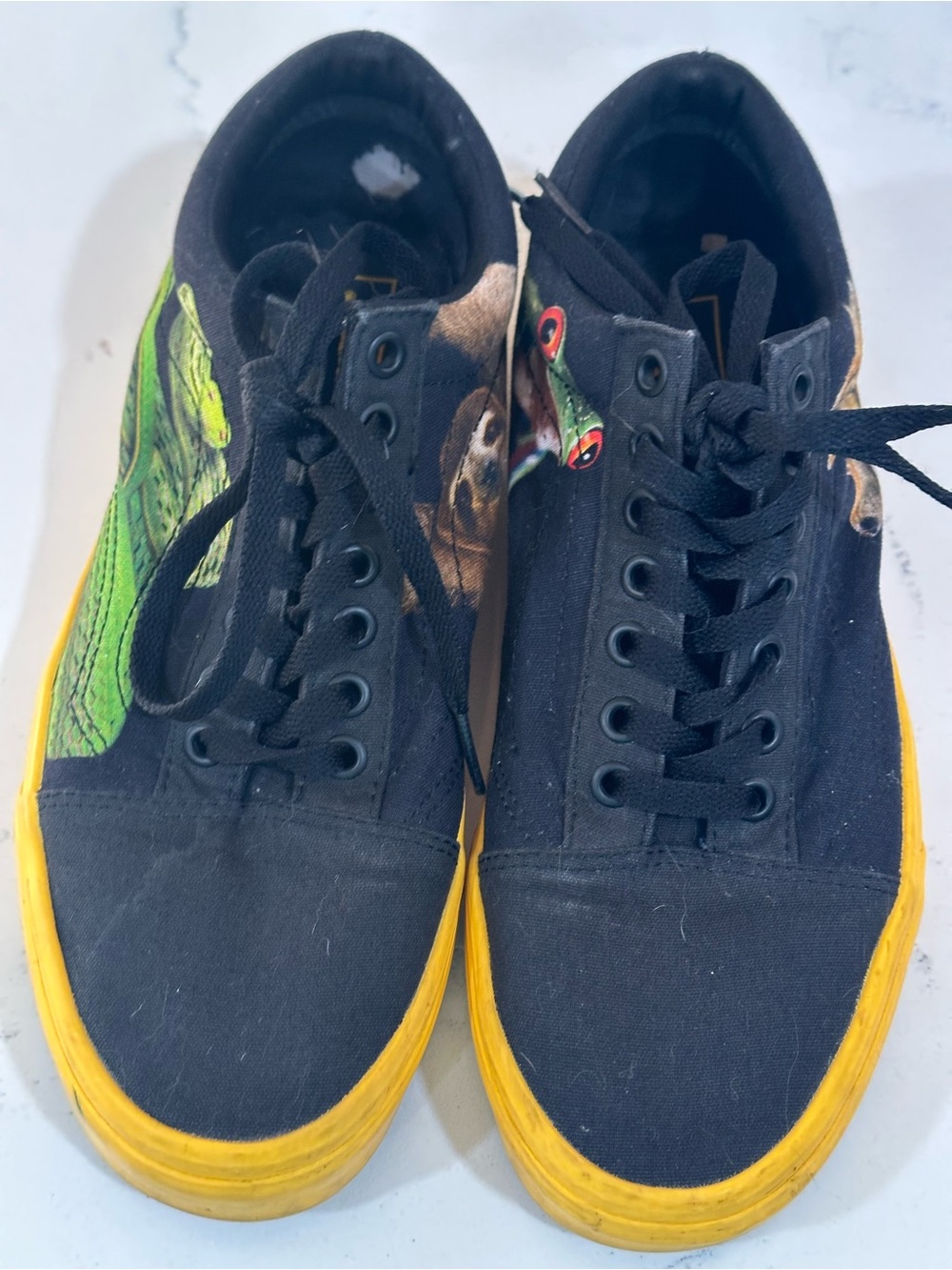 Vans Black Canvas Sneakers with Yellow Soles and Green Frog Detail